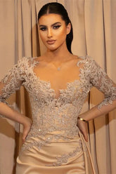 Gorgeous Champagne Long Sleeves V-neck Mermaid Satin Evening Prom Dress with Slit